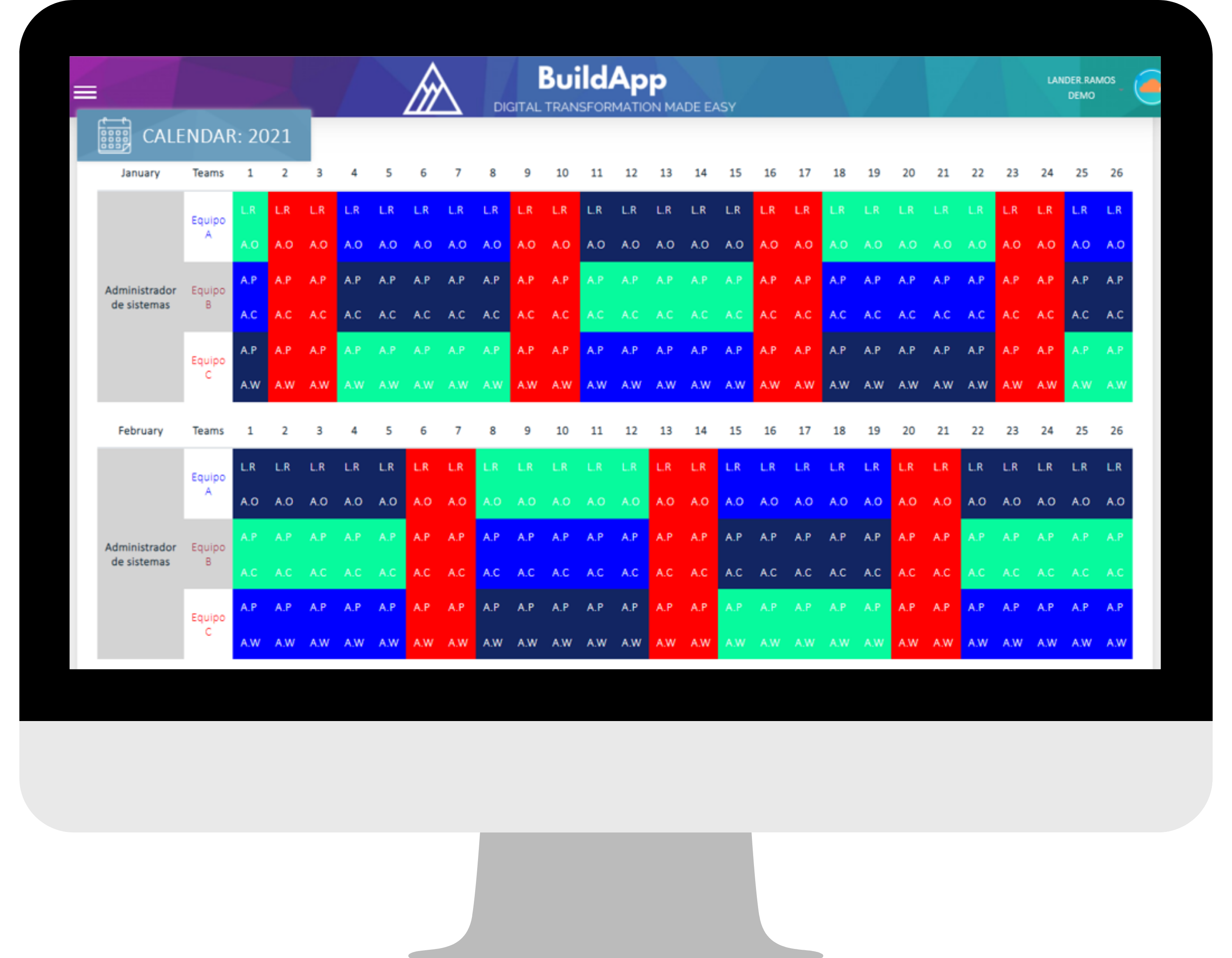Aplicación buildapp detalle visual calendario fichajes